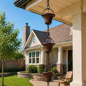 May include: A decorative rain chain with three bronze-colored, basket-shaped cups suspended from a roof gutter. The chain is made of linked rings. The background shows a house, lawn, and a sunny sky.