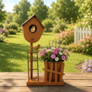 Custom Rustic Garden Birdhouse with Flower Pot Holder  | Metal Birdhouse Planter | Outdoor Decor | Farmhouse Yard Art Gift for Garden Lovers