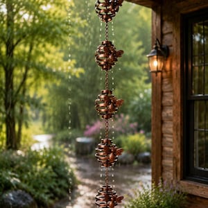 May include: A copper-coloured rain chain, featuring four spherical elements with a spiral design and butterfly embellishments. The chain hangs from a wooden structure, with water flowing down. The background shows green foliage and a wooden building.