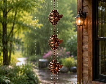 Handmade Honeycomb Bee Rain Chain – Rustic Garden Decor, Hanging Water Chime, Outdoor Bee-Themed Yard Ornament, Patio Rainwater Chain