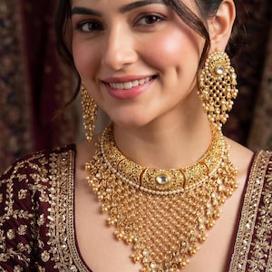 22 Karat Gold Plated Waterfall Choker Set, Indian Bridal Jewelry