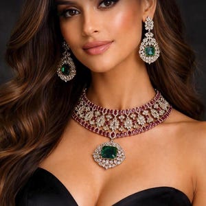 May include: A jewelry set consisting of a choker necklace and matching drop earrings. The necklace features a central square-cut green gemstone surrounded by clear crystals, with a band of red and clear stones. Earrings feature matching green stones.