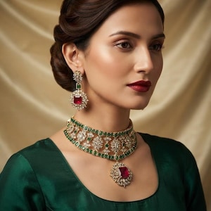 Kundan  Choker Set, Ruby emerald Kundan Polki CZ Jewelry, Gold Plated Diamond Statement Necklace