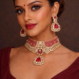 Uncut Polki Kundan Choker Necklace Set, Ruby Pink Jadau Bridal Jewelry, collar choker