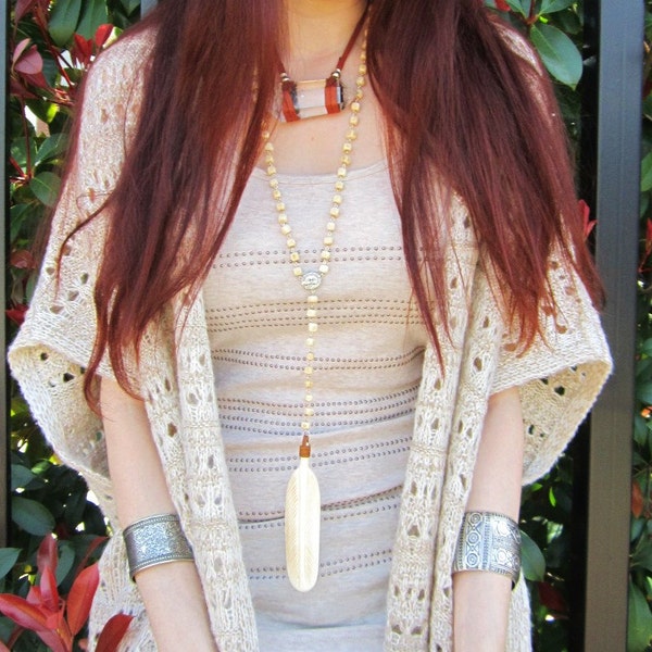 Beaded Bone Feather.  Rosary Necklace.  Boho.  Bohemian