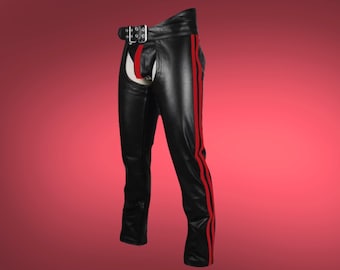 Men&#39;s Black Leather Biker Chaps with Red Stripes – Lightweight Lambskin Riding Gear
