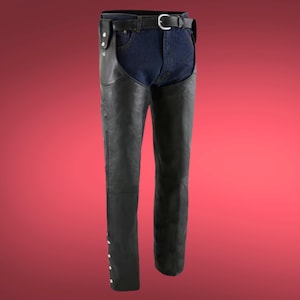 Men&#39;s Leather Motorcycle Chaps - Adjustable Belt less Design with Mesh Lining