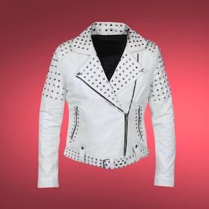 Men’s Gothic White Leather Biker Jacket – Studded Brando Style, Punk Rock Motorcycle Jacket