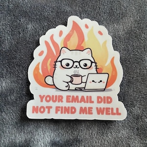 Op de afbeelding: Een witte kattensticker met een bril, die een mok vasthoudt en op een laptop werkt, met vlammen op de achtergrond. De sticker luidt: "YOUR EMAIL DID NOT FIND ME WELL."