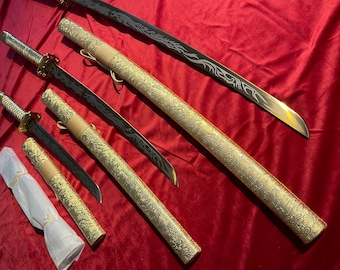 Carbon Steel Samurai Sword katana Set: Katana, Wakizashi, Tanto sharp with Stand