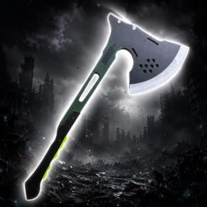 May include: A tactical axe featuring a matte black metal head with a sharpened silver edge and a series of hexagonal cutouts. The handle is dark green with a black grip section, a long rectangular cutout, and a bright green accent near the base.