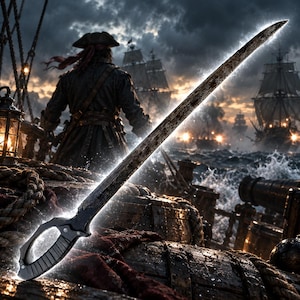 May include: A dark, weathered metal sword featuring a curved blade and a black, textured handle with a hand guard. The sword is positioned diagonally, displaying a worn, metallic surface with a faint, glowing outline along its edges.