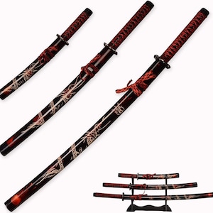 May include: A collection of Japanese katanas with red and black handles and sheaths. The blades feature a dragon design. The swords are displayed on a black stand. The handles are wrapped in red cord.