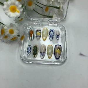 Lemon & Floral Press On Nails | Mediterranean Summer Nails | Hand-Painted Long Almond Nail Set