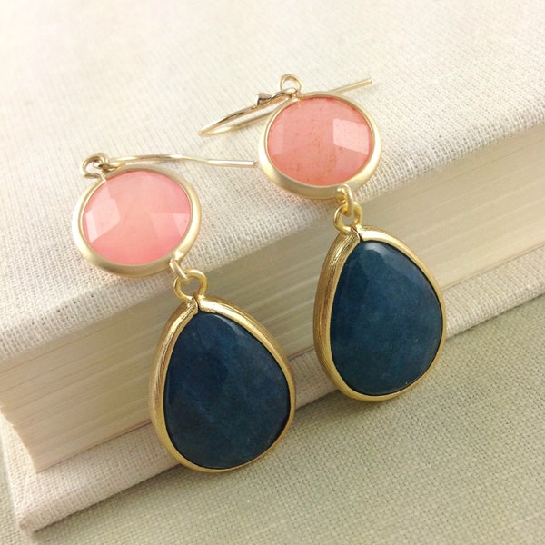 Midnight Blue, Pink ,Coral Earrings, Bridesmaid Gift, Bezel, Framed Stone, Gold Filled Earwire, Christmas Gift, Birthday Gift