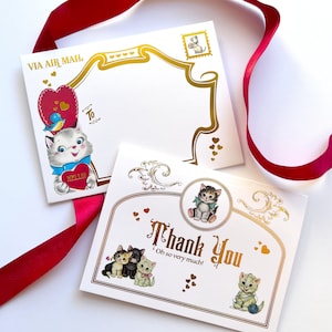 merci  jolie carte de voeux kitsch de chat vintage  merci de la mariée de l'enfant  beau set de papeterie