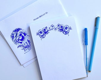 Delft motif elegant notepad 70 letter writing sheets every single has been silkscreened envelopes silkscreen & hand painted FREE US SHIPPING