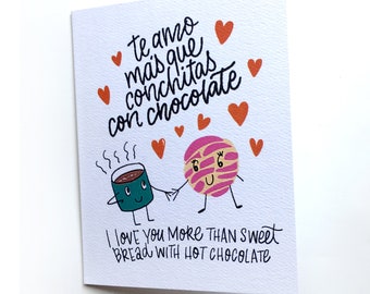 Te amo mas que conchitas con Chocolate Valentines Bilingual  A2 Greeting Card