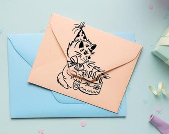Vintage cat blowing candles rubber stamp snail mail, penpals, journaling, bujo party gift wrapping decor DIY kid project fun craft cat lady