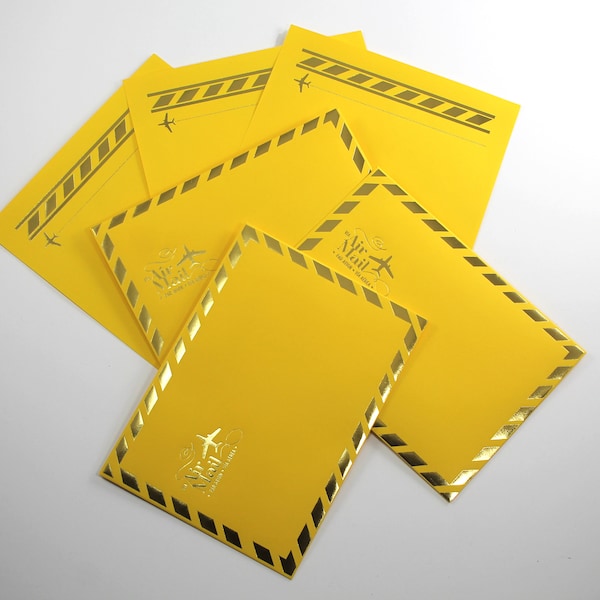 Air mail letter writing set metallic foiled gold yellow paper kit for snail mail lovers, letter writers, Correspondence Kit Stationery