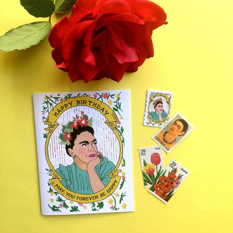 Frida Kahlo Happy Birthday Card for Her W/fake Frida Postage Etsy
