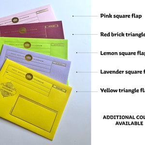 May include: Five different colored envelopes with a gold crown logo and the text "POST OFFICE TELEGRAM". The envelopes are yellow, lavender, green, red, and pink. The envelopes have different shaped flaps: square and triangle.