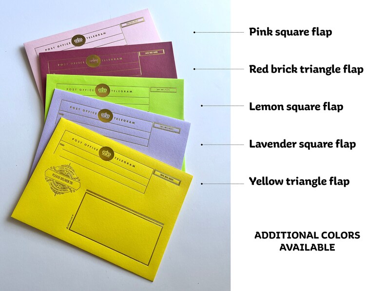 May include: Five different colored envelopes with a gold crown logo and the text "POST OFFICE TELEGRAM". The envelopes are yellow, lavender, green, red, and pink. The envelopes have different shaped flaps: square and triangle.