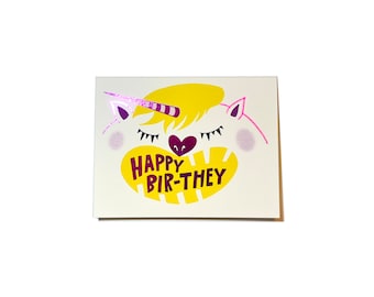 Non Binary Happy Bir-they cute greeting card, heart birthday or unicorn birthday metallic ink they them pride month lgbt community rainbow