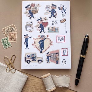 May include: A sticker sheet featuring cartoon mail carriers in blue uniforms, U.S. Mail trucks, envelopes, and hearts. The sheet includes text such as U.S. MAIL, SNAIL MAIL ROCKS!, USE ZIP CODE, and LAPAPERLOVER.ETSY.COM, surrounded by stamps and a pen.