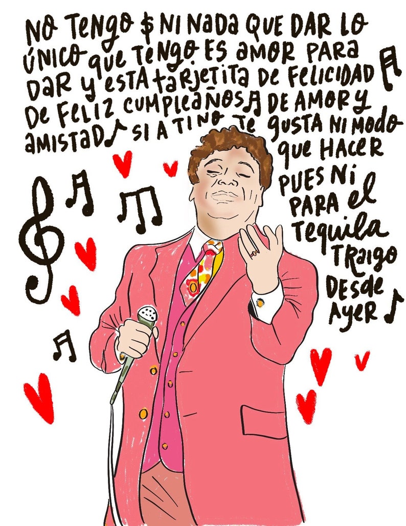 May include: A cartoon illustration of a man in a pink suit holding a microphone and singing. The text in the image reads "No Tengo $ NI NADA QUE DAR LO &Uacute;NICO que Tengo ES AMOR PARA Dar y esta tarjetita de FELICIDAD A De Feliz CUMPLEA&Ntilde;OSA DE AMORY AMISTAD SIA TING TE GUSTA NI Modo que HACER PUES NI PARA el Tequila Traigo Desde Ayer ♫".
