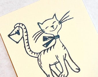 Cute cat holding envelope rubber stamp snail mail, penpals, journaling, bujo scrapbooking, and gift wrapping decor DIY kid project fun craft