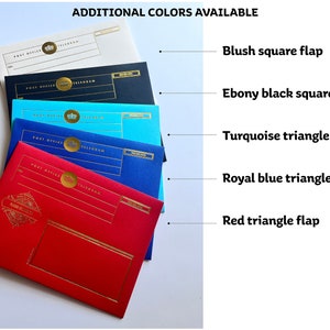 May include: A stack of envelopes in various colors, including blush, black, turquoise, royal blue, and red. The envelopes have a gold crown logo and the text "POST OFFICE TELEGRAM".