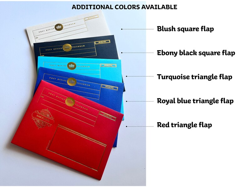 May include: A stack of envelopes in various colors, including blush, black, turquoise, royal blue, and red. The envelopes have a gold crown logo and the text "POST OFFICE TELEGRAM".