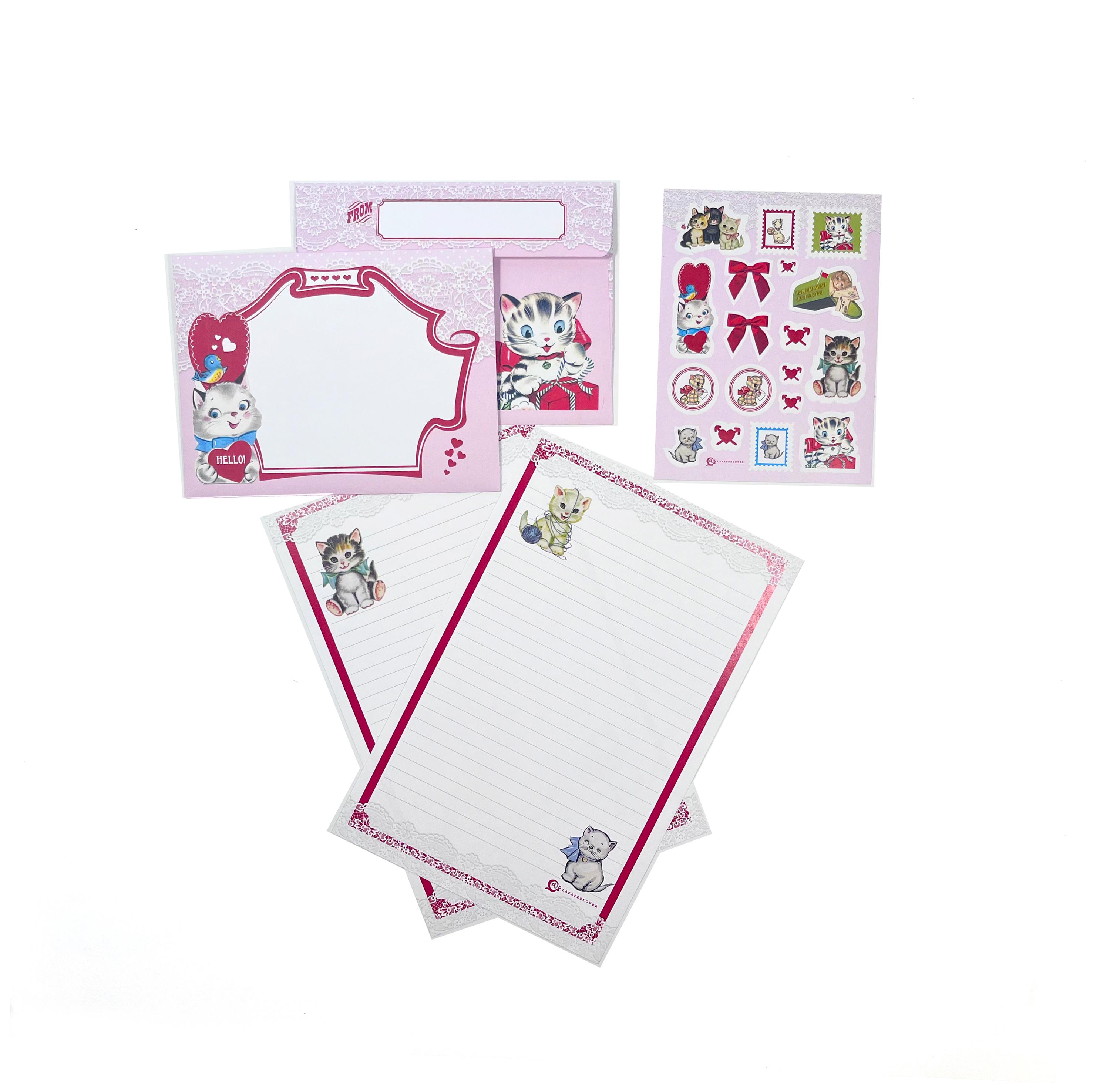 Retro vintage cat snail mail kit writing sheets matching envelopes double sided lined sheets stationary pen pal gift bujo gift sticker sheet