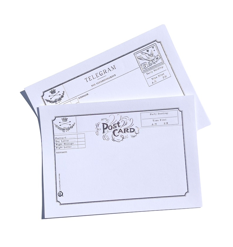 May include: Two white paper cards with black text. One card reads "TELEGRAM" and the other reads "POST CARD". Both cards have decorative borders and areas for writing messages. The "TELEGRAM" card has a stamp graphic. The "POST CARD" has a decorative font.