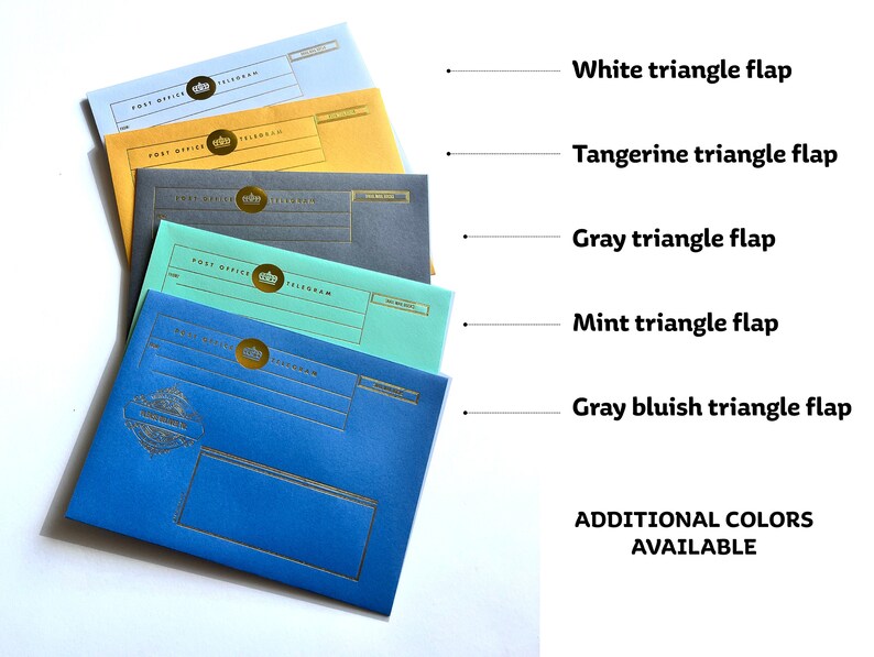 May include: Five different colored envelopes with a gold crown and the words "Post Office Telegram" printed on them. The envelopes are stacked on top of each other and have a triangle flap. The colors of the envelopes are light blue, yellow, gray, mint green, and blue. The text "ADDITIONAL COLORS AVAILABLE" is printed below the envelopes.