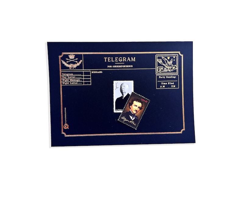 May include: A navy blue telegram card with gold lettering and accents. The card features two postage stamps, one with a portrait of a man and the other with a portrait of Edgar Allan Poe. The text "TELEGRAM" is at the top.