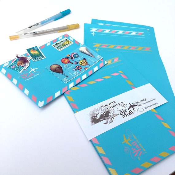Air mail blue envelopes silkscreened hand made perfect for calligraphy/fountain pen/ unique stationery letter writing kit for Christmas gift