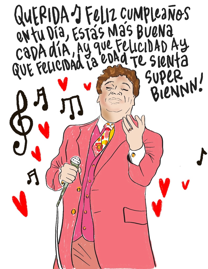 May include: A digital illustration of a person singing into a microphone with a pink suit and a red tie. The background is white with musical notes and hearts. The text in the image reads "QUERIDA FELIZ CUMPLEA&Ntilde;OS en tu D&iacute;a, Est&aacute;s Mas Buena Cada d&iacute;a, Ay que FelicIDAD AY QUE FELICIDAD ia eoAd te sienta SUPER BIENNN!"