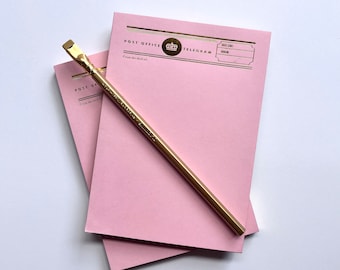 Pink notepad with telegram motif gold edges 70 sheets each one gold foiled FREE US SHIPPING perfect for pen pal, snail mail, letter writing