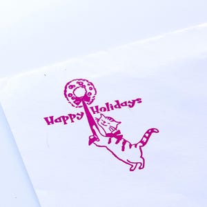 Sello de goma con forma de gato "Felices fiestas", bonito gatito, papel de regalo navideño, paquete de decoración, proyecto de bricolaje, planificador hobonchi, herramienta para álbumes de recortes