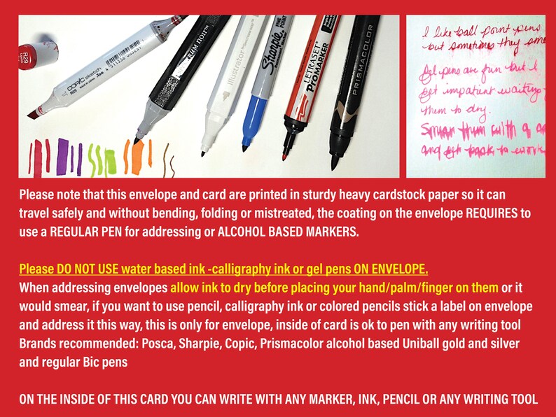 Puede incluir: Imagen de varios marcadores de colores, incluyendo Copic, Sharpie y Prismacolor, sobre una superficie blanca. Se ve texto manuscrito, junto con instrucciones sobre los tipos de bol&iacute;grafos para sobres y tarjetas. El texto desaconseja el uso de tinta a base de agua.