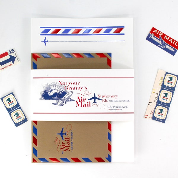 Beautiful foiled air mail letter set, social stationery Vintage style airmail kraft envelopes penpal and snail mail Creative stationery gift