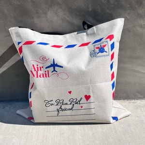 Air mail linen tote bag, Pen Pal snail mail friend cute design perfect for books, beach or groceries, eco tote, FREE US regular shipping