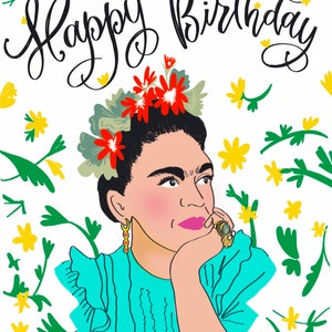 Frida Kahlo Happy Birthday Blumen Grußkarte für sie mit Fake Frida Postage Geburtstagskarte für Freundin Geburtstagskarte für ihn Kunstpostage