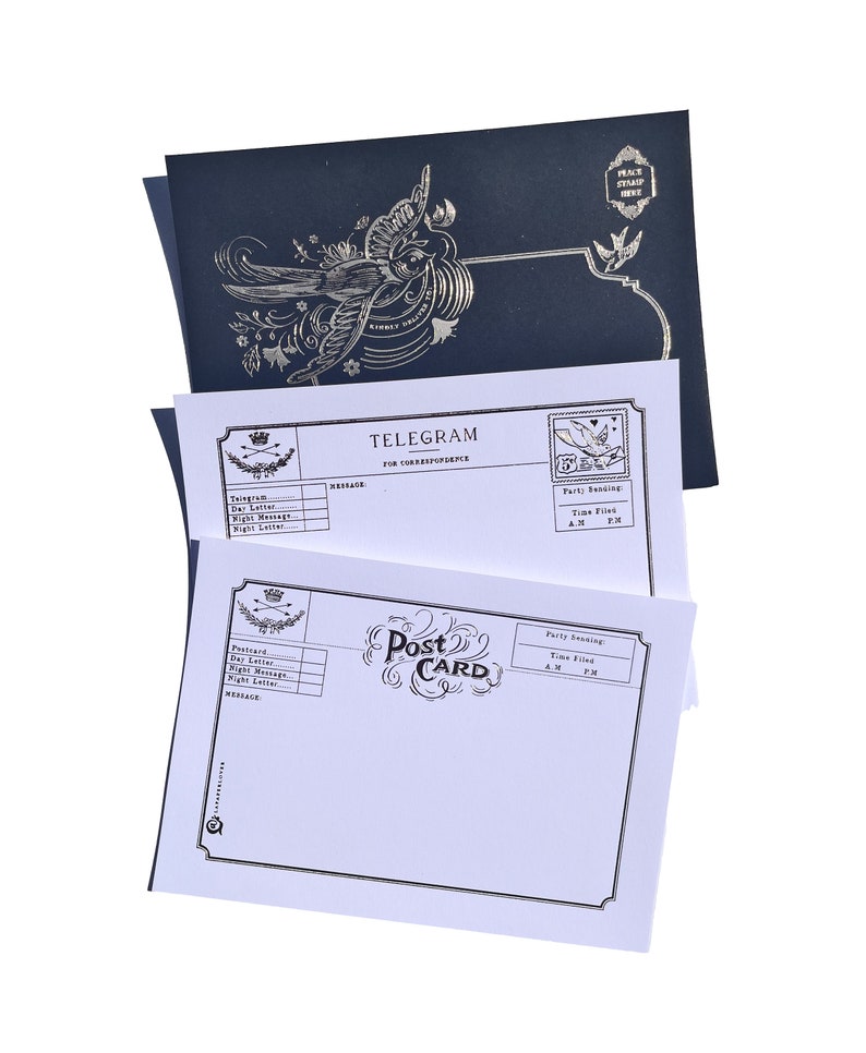May include: A stack of stationery featuring a dark blue envelope with a silver bird design and the words "PLACE STAMP HERE". Below are white postcards and telegrams with black text and decorative borders. The telegram reads "TELEGRAM FOR CORRESPONDENCE".