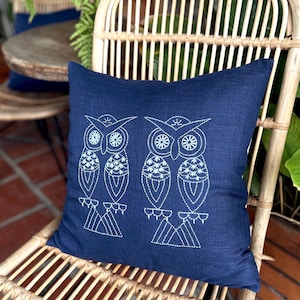 Hand-Embroidered Owl Cushion Cover: Blue Linen-Look Throw Pillow