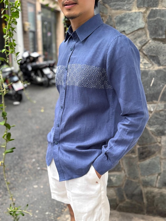 mens indigo dress shirt Blue Blue Japan Hand-Dyed Short Sleeve Shirt in Indigo X-Large