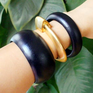 Large Chunky Wide Wooden Bracelet Bangle,Black&Gold Cuff Bracelet,Statement Bracelet,Gift for Her,Gift for women