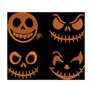 May include: Four distinct orange embroidered jack-o'-lantern face designs on a black background. Each design features unique facial expressions with stitched eyes, noses, and wide, toothy grins, showcasing detailed thread work and texture.